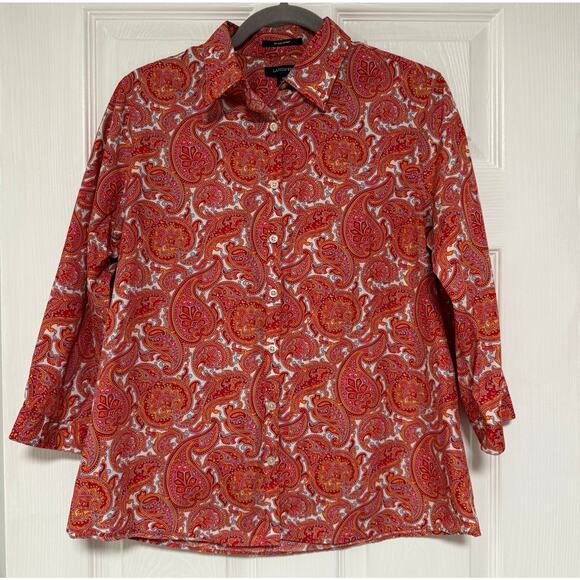 Lands' End Women's No-Iron Supima Cotton Paisley Button Front Top Size 10 - Picture 1 of 13